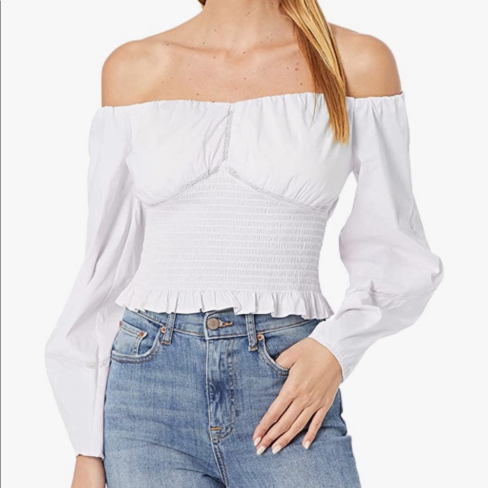 Guess Off the Shoulders Vienna Top Smocked Long Sleeve Crop Top